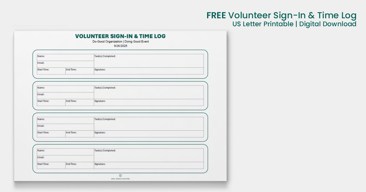 Free Nonprofit Volunteer Sign-In & Time Log Worksheet, US Letter, Digital Download