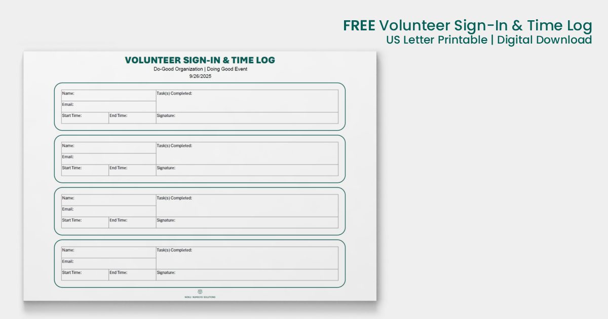 Free Nonprofit Volunteer Sign-In & Time Log Worksheet, US Letter, Digital Download